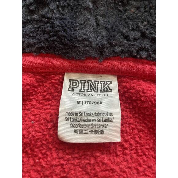 Victoria’s Secret PINK Red Full Zip Hoodie size Medium Black Logo Sweater Sherpa - Picture 4 of 4